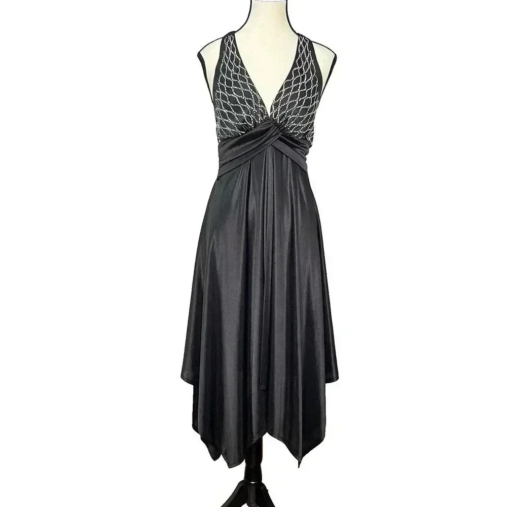 Vintage La Scala Halter Black Studded Prom Dance Liquid Knit Dress whimsigoth L‎